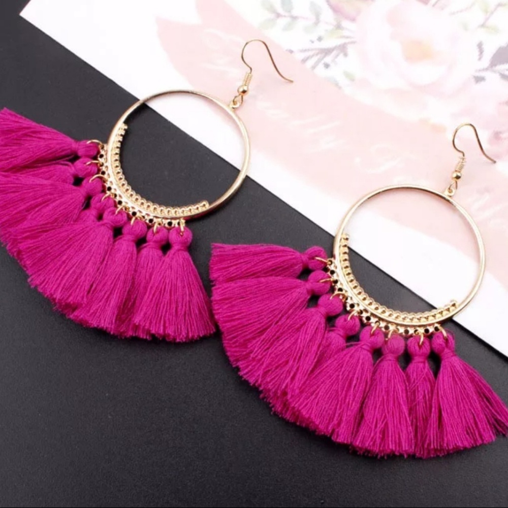 Fuscia Gypsy Bohemian Spanish Tassel Hoop - Picture 2 of 4